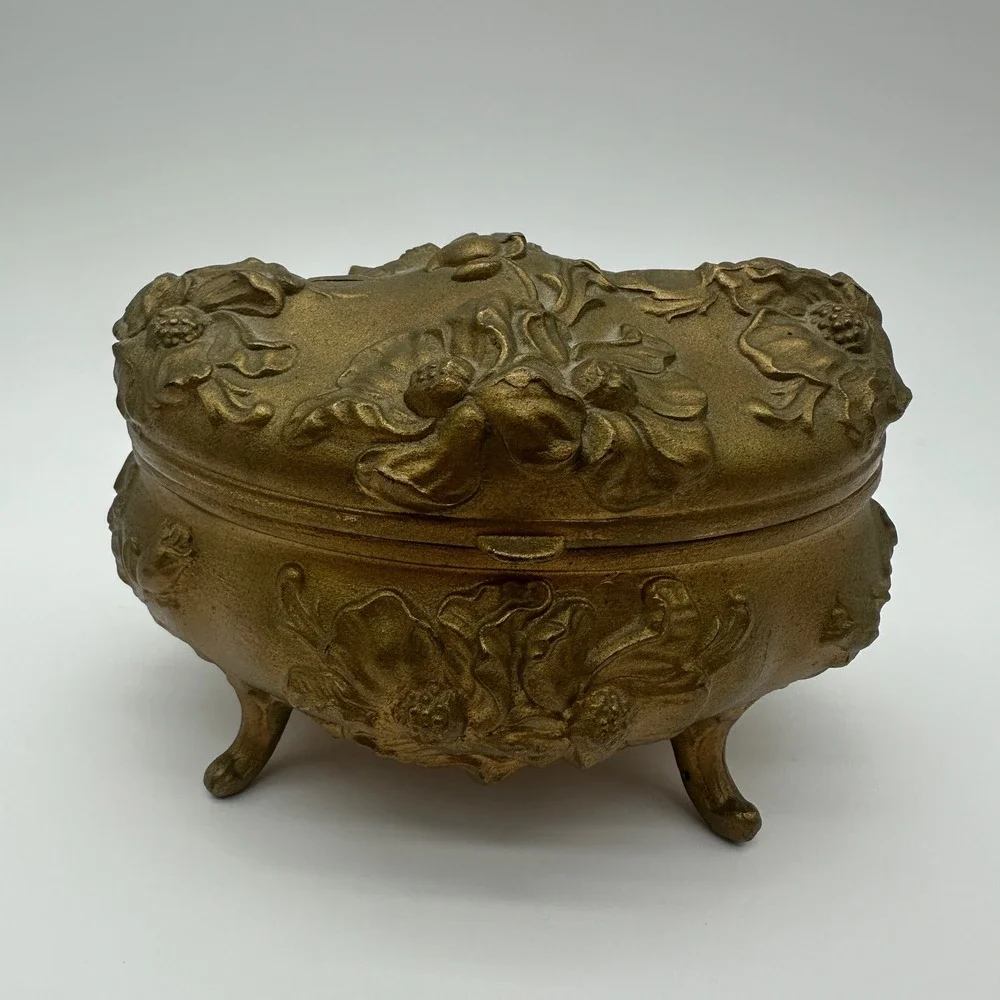ANTQ Art Nouveau Jewelry Casket Footed Spelter Pot Metal Box Rose Relief Lined